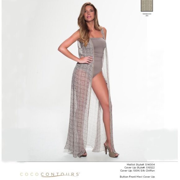 COCO CONTOURS Silk Chiffon Swim Maxi Cover-Up Sz M Taupe - Picture 2 of 6